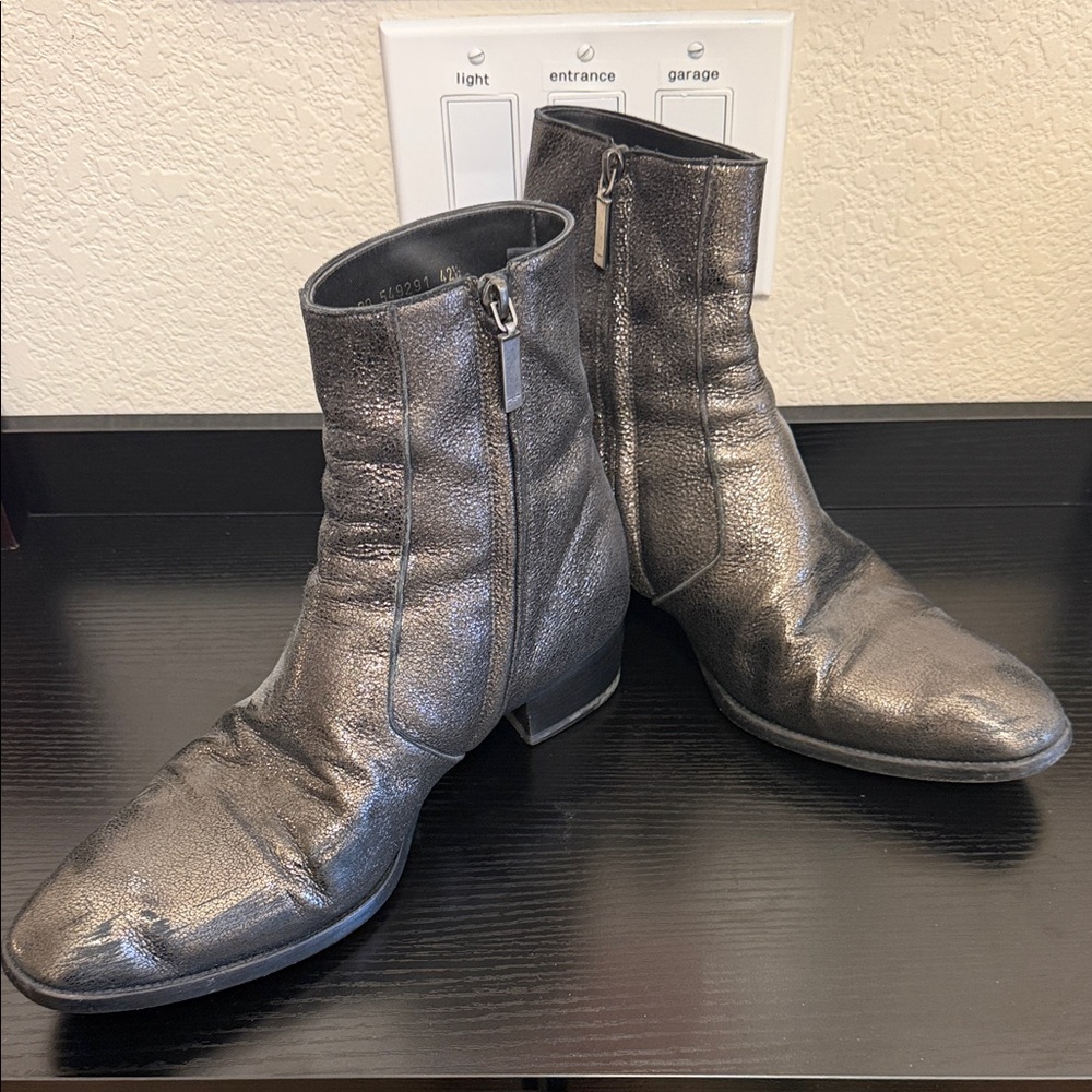 Saint Laurent Men's Metallic Grey UltraSuede Leather Ankle Boots
